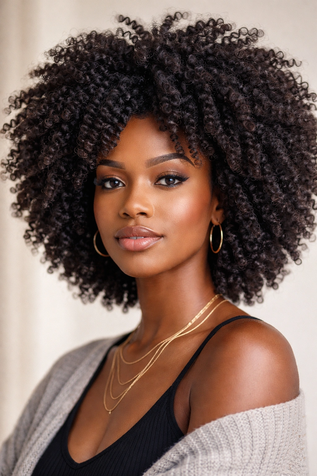 Close-up of a defined twist-out Afro with textured kinky-curly sections and volume