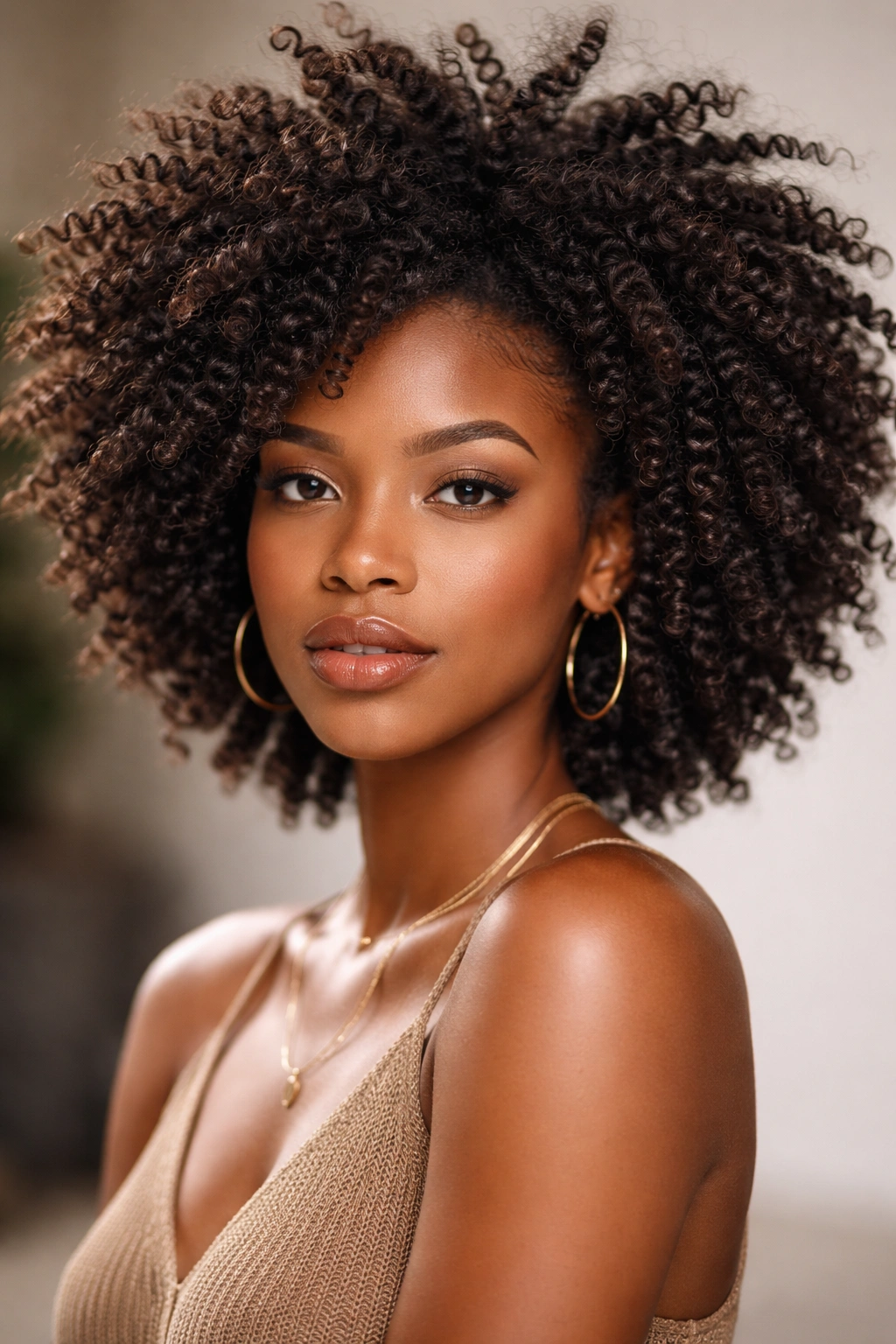 Twist-out afro with defined separated curl sections radiating from the crown