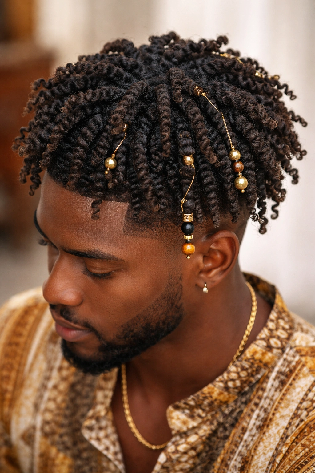 Twist-out hairstyle with defined curls and decorative beads woven into sections.