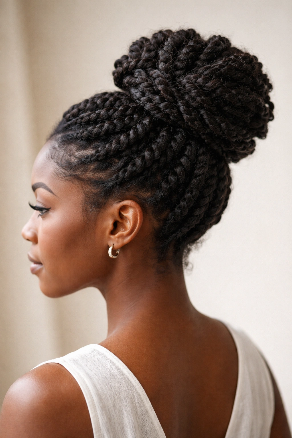 Twist-out hair styled into a high bun highlighting twisted pattern