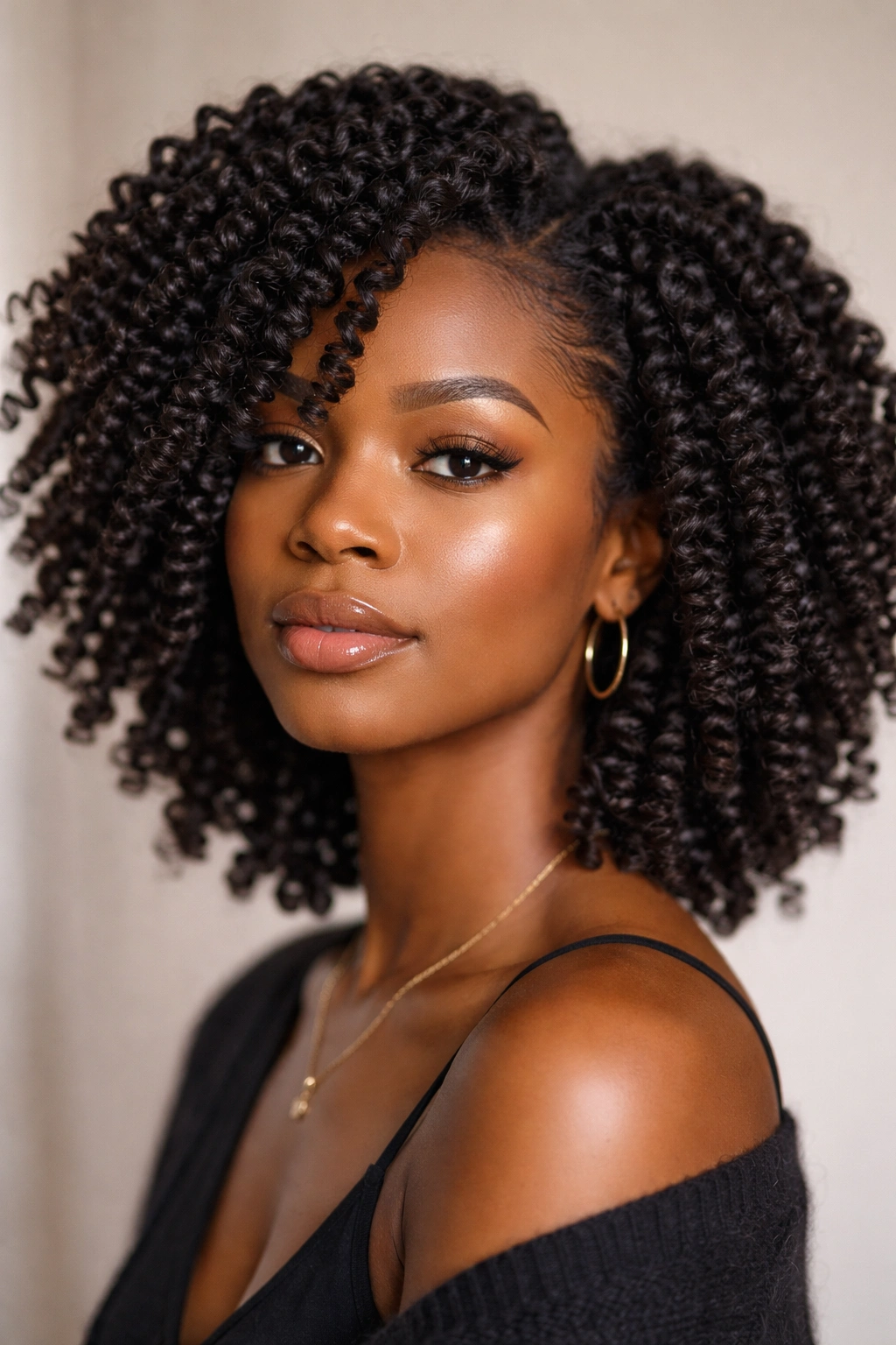Close-up of dark coily hair with a defined twist-out showing individual spirals