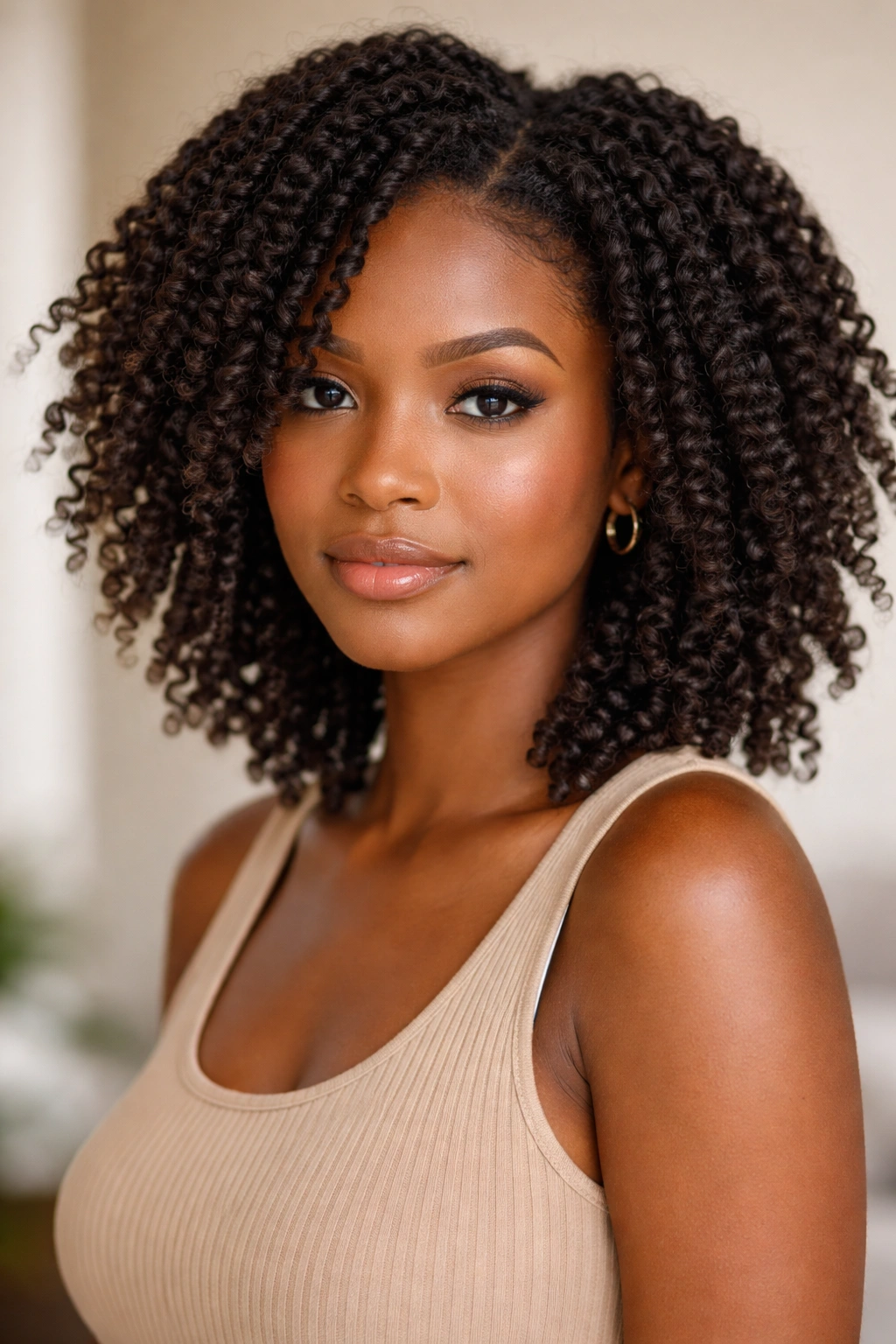 Medium-length hair with two-strand twists unraveled to reveal elongated coils