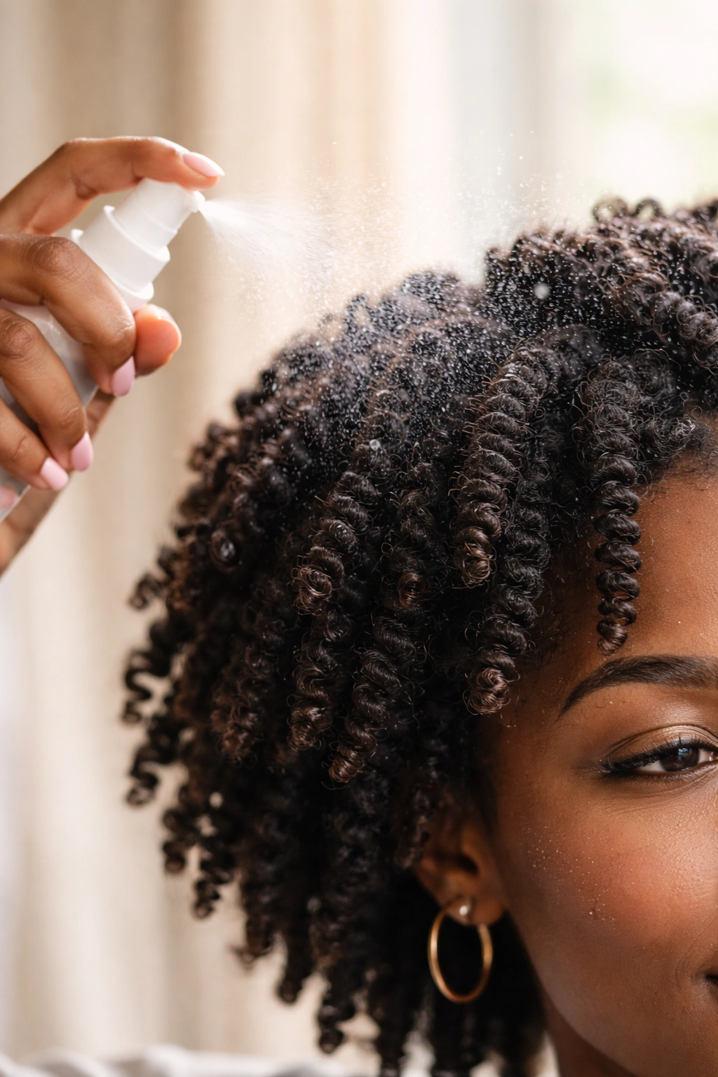 Hand misting Type 4 hair to refresh twist-out