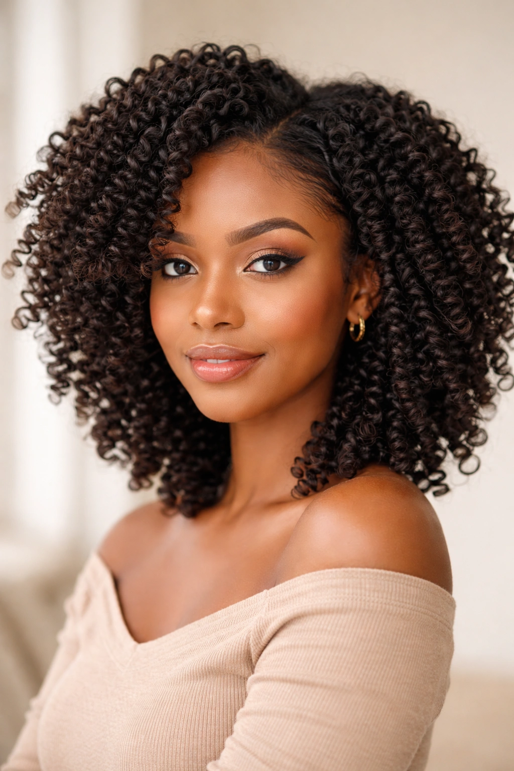 Medium-close shot of twist-out texture on coily hair