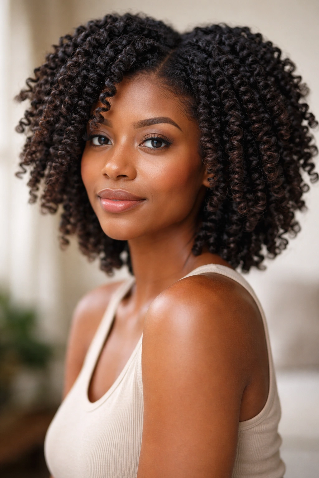 Close-up of Type 4 hair in a defined twist-out with glossy coils