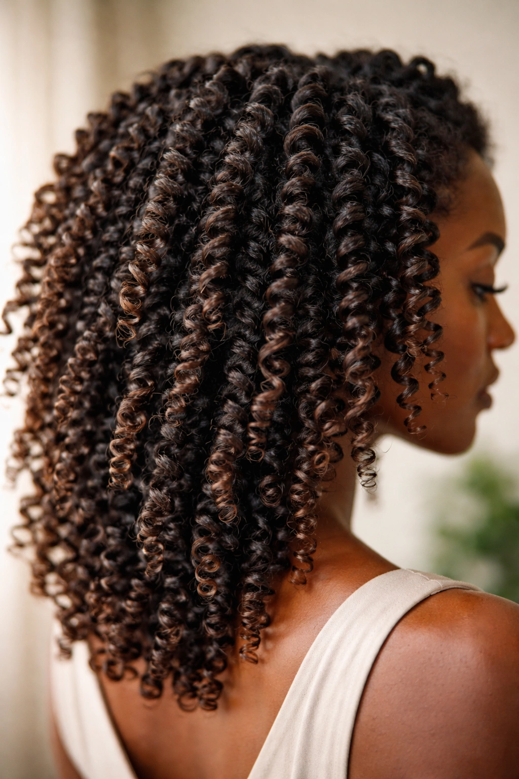 Close-up of defined twist-out curls on coily hair.