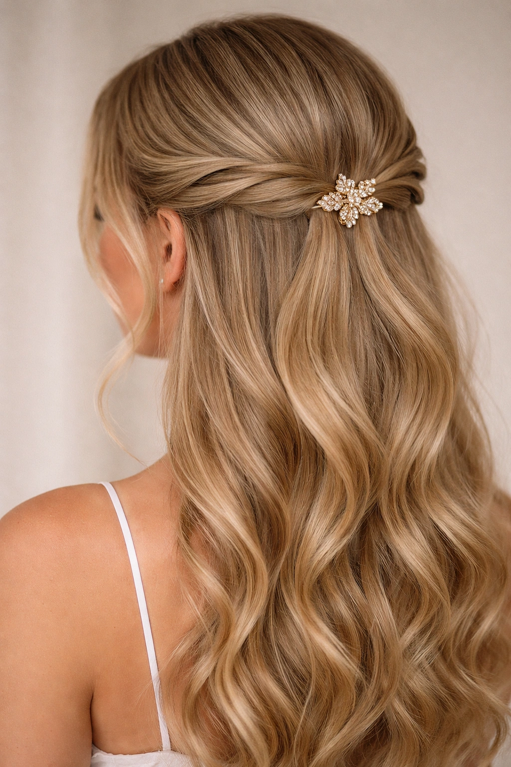 Close-up portrait of a blonde model showing a half-up hairstyle with twisted side pieces and a center pin