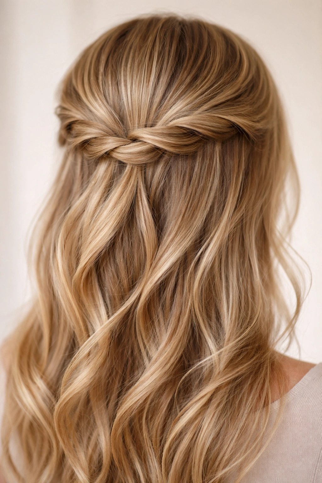 Close-up view of crown with multiple twists pinned for a secure half-up style on fine hair