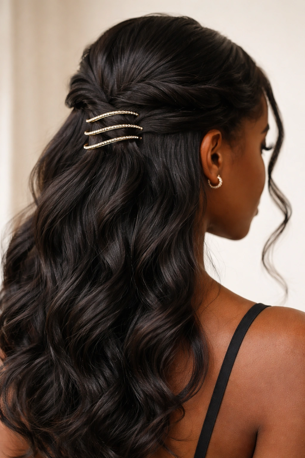Half up hairstyle with twists secured by curved bobby pins