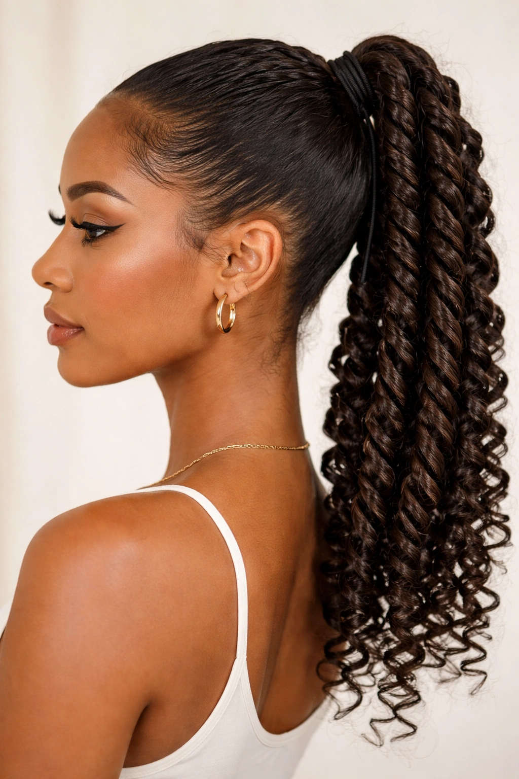 Close-up of two-strand twist ponytail with spiral twists