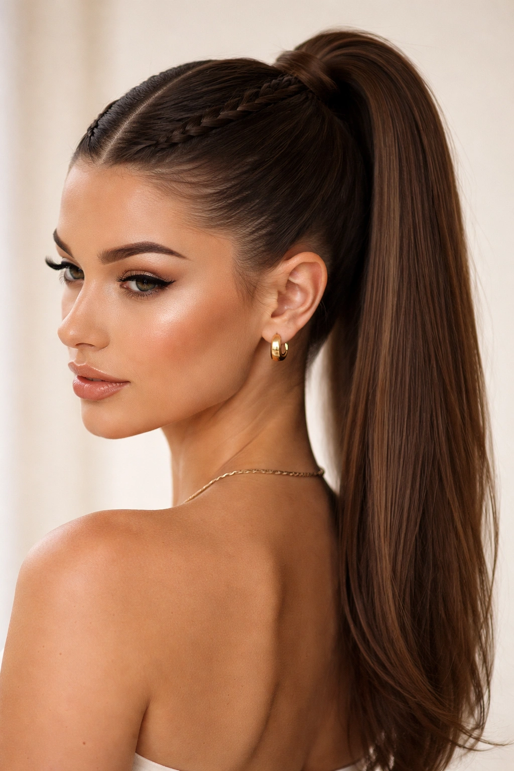 Twisted middle-part ponytail with two tight twists into a high ponytail.
