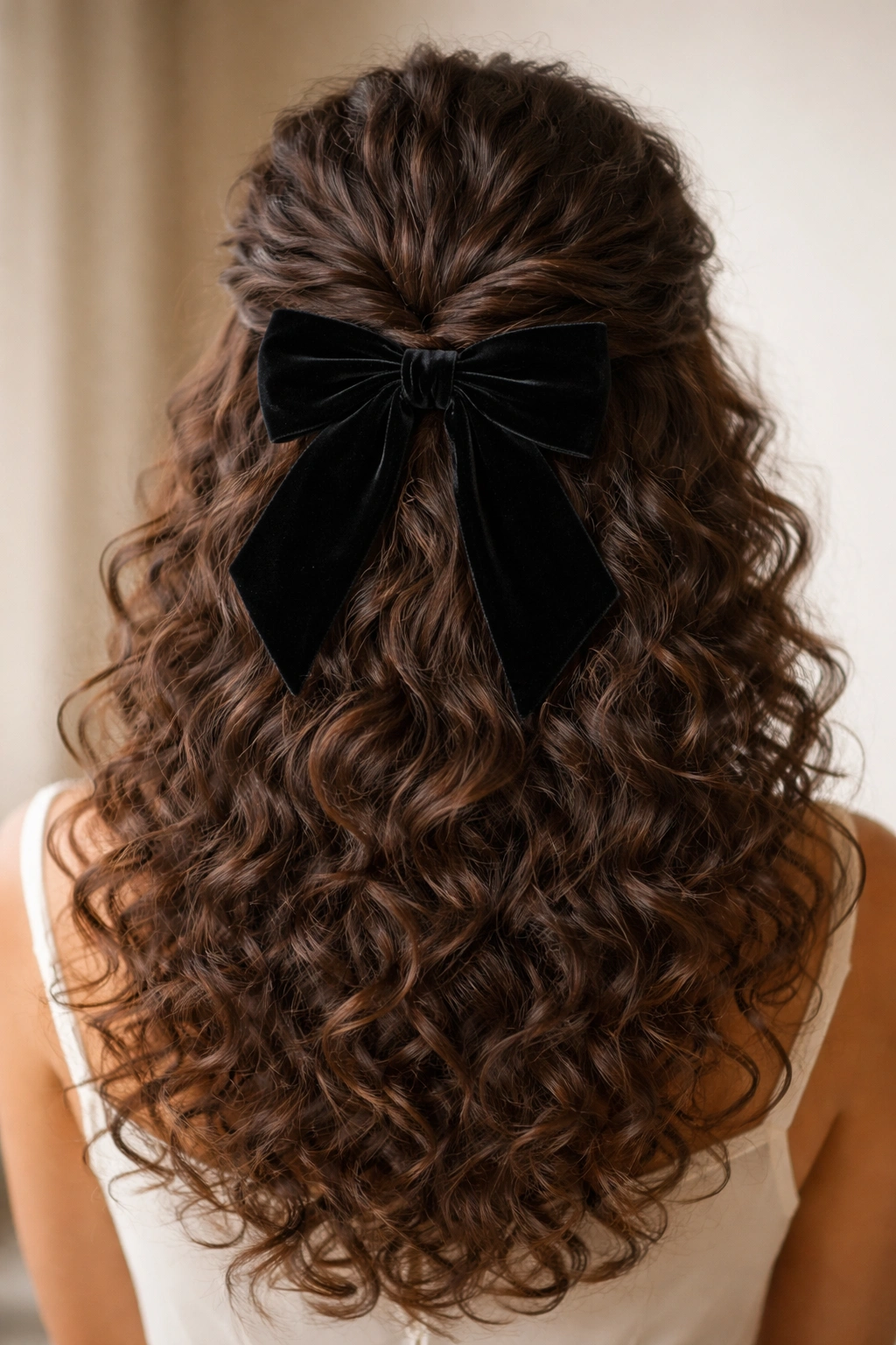 Close-up of twisted half-up with velvet bow on curly hair