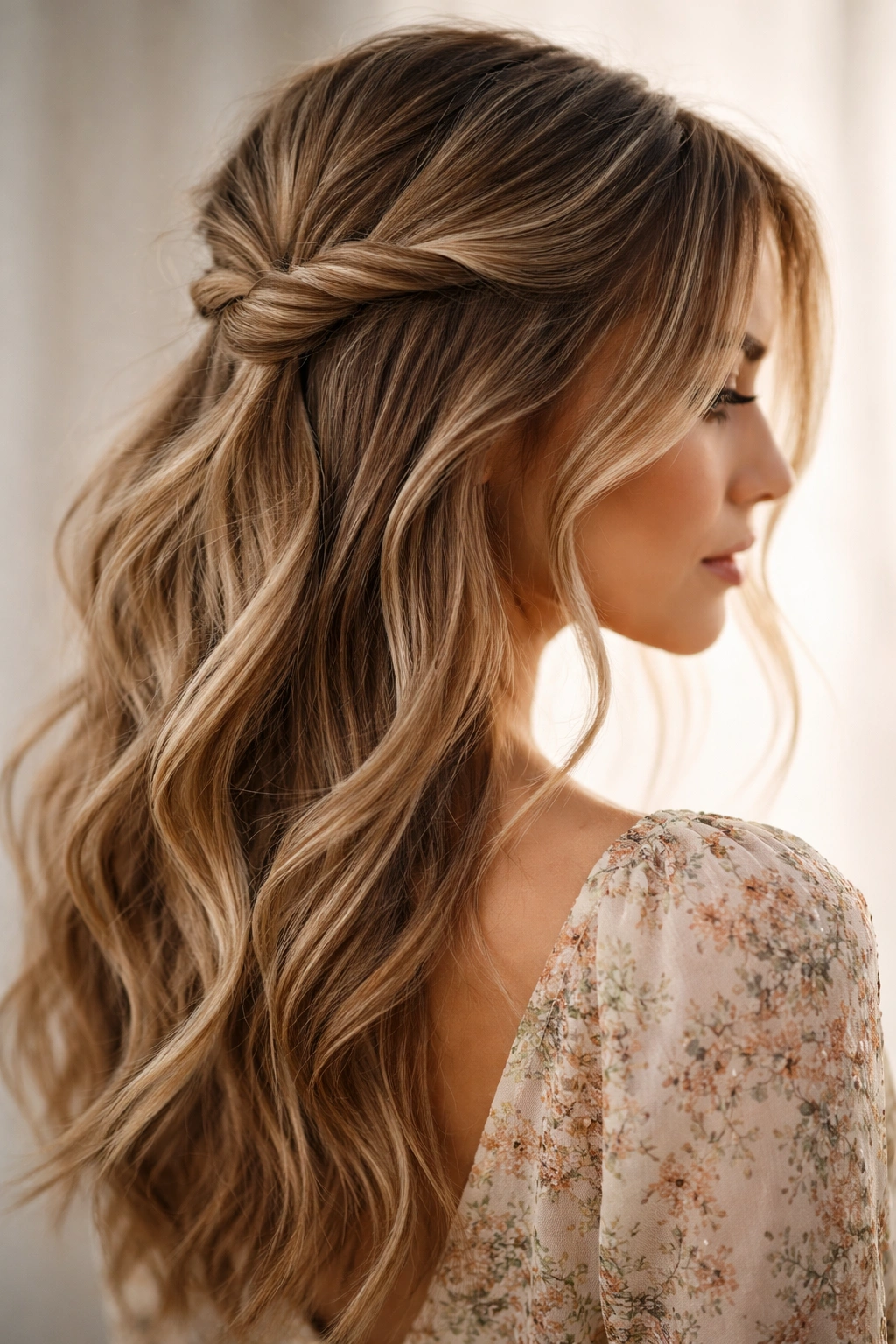 Twisted asymmetrical half up with off-center twists and loose face-framing pieces.