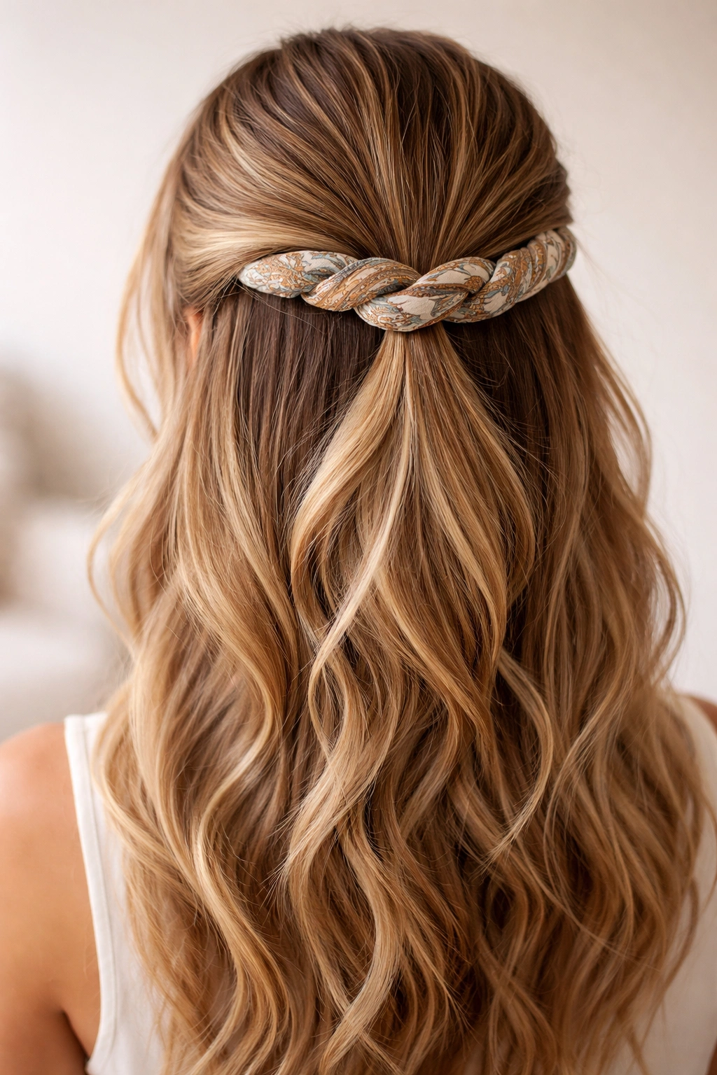 Mid-shot of a half-up ponytail with a twisted bandana woven through the base.