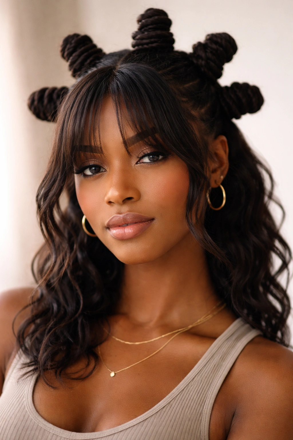 Twisted bantu knots with curtain bangs in a minimal studio