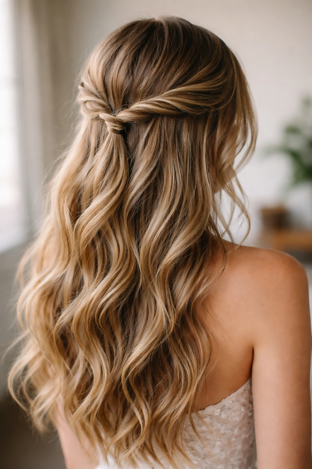 Two-strand twists forming ropelike half-up hairstyle with loose waves