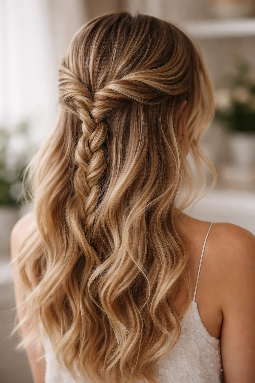 Back view of romantic twisted braid half-up with symmetrical twists meeting at center.