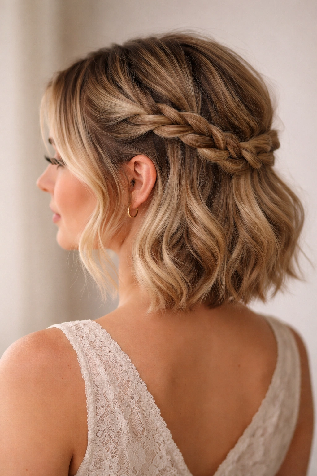 Asymmetrical half-up hairstyle with a twist transitioning into a braid on short waves