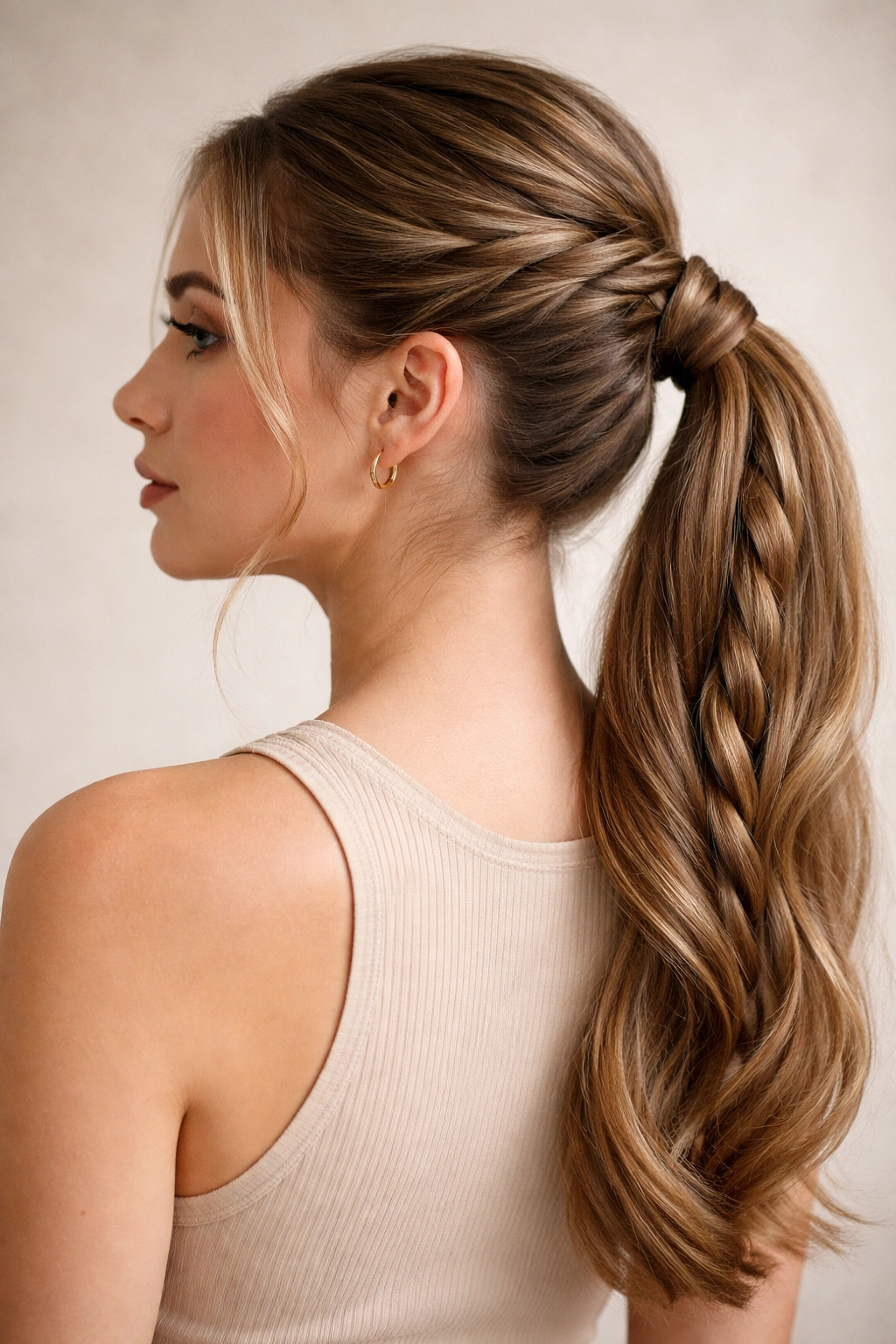 Two-strand twisted braid forming a ponytail at the back of the head
