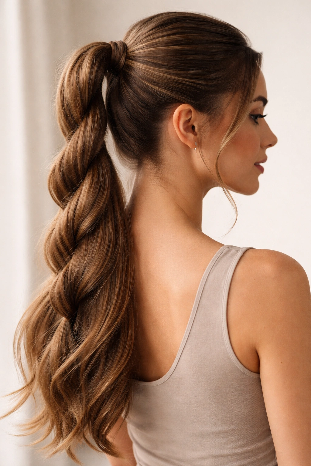 Close-up of twisted braid ponytail with rope twist and dimensional texture