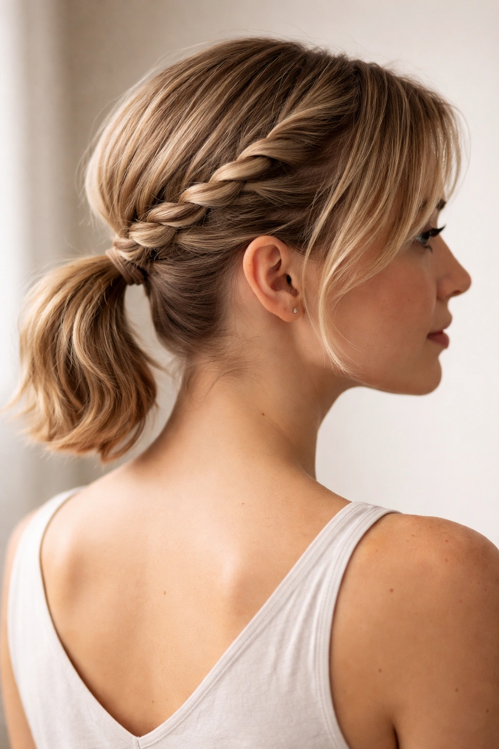 Twisted braid ponytail on short hair showing rope-like twist