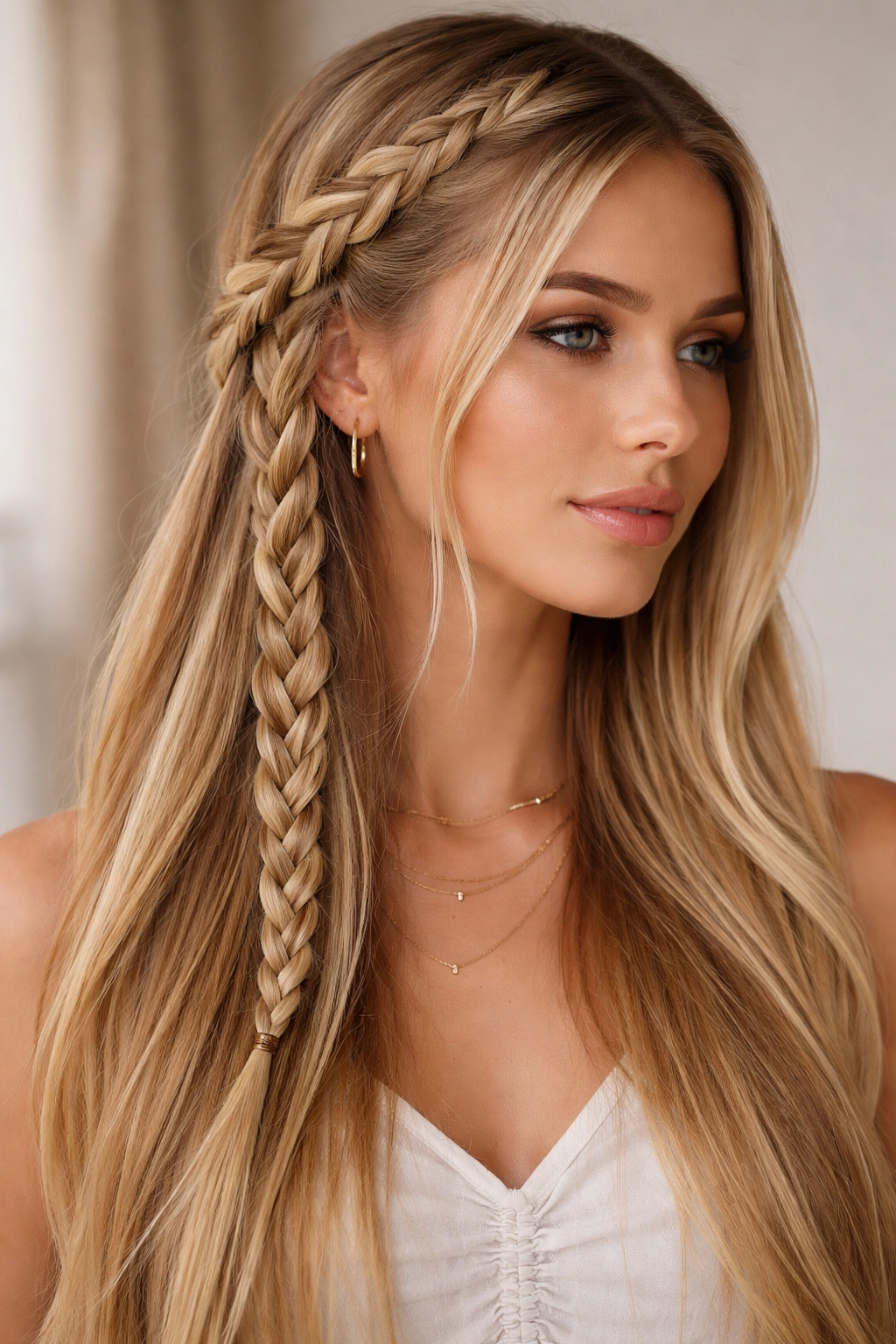 Portrait of straight hair with twisted and braided sections