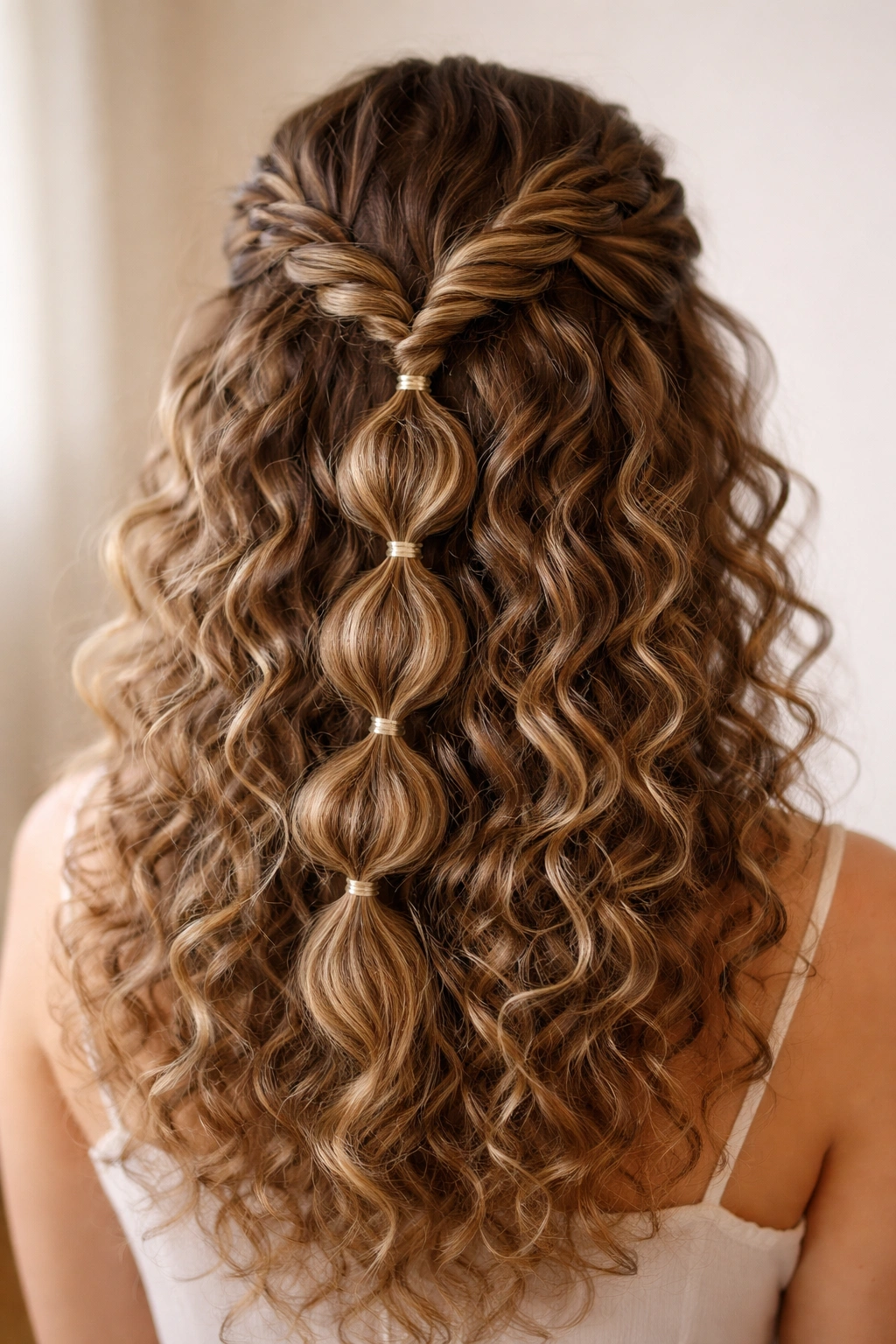 Twisted bubble half-up hairstyle with ropelike texture on curly hair