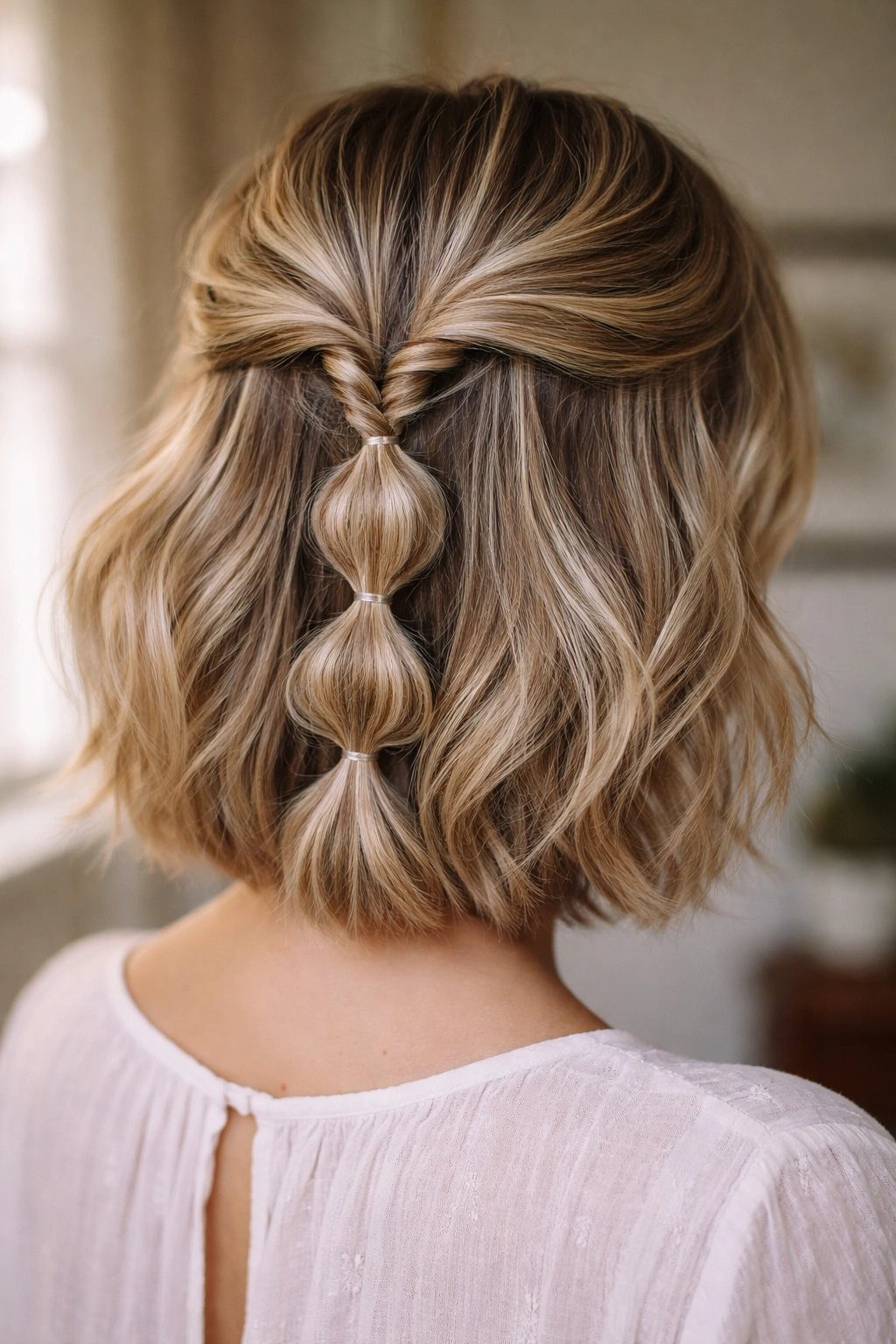 Twisted bubble half-up hairstyle with two twisted sections on short hair