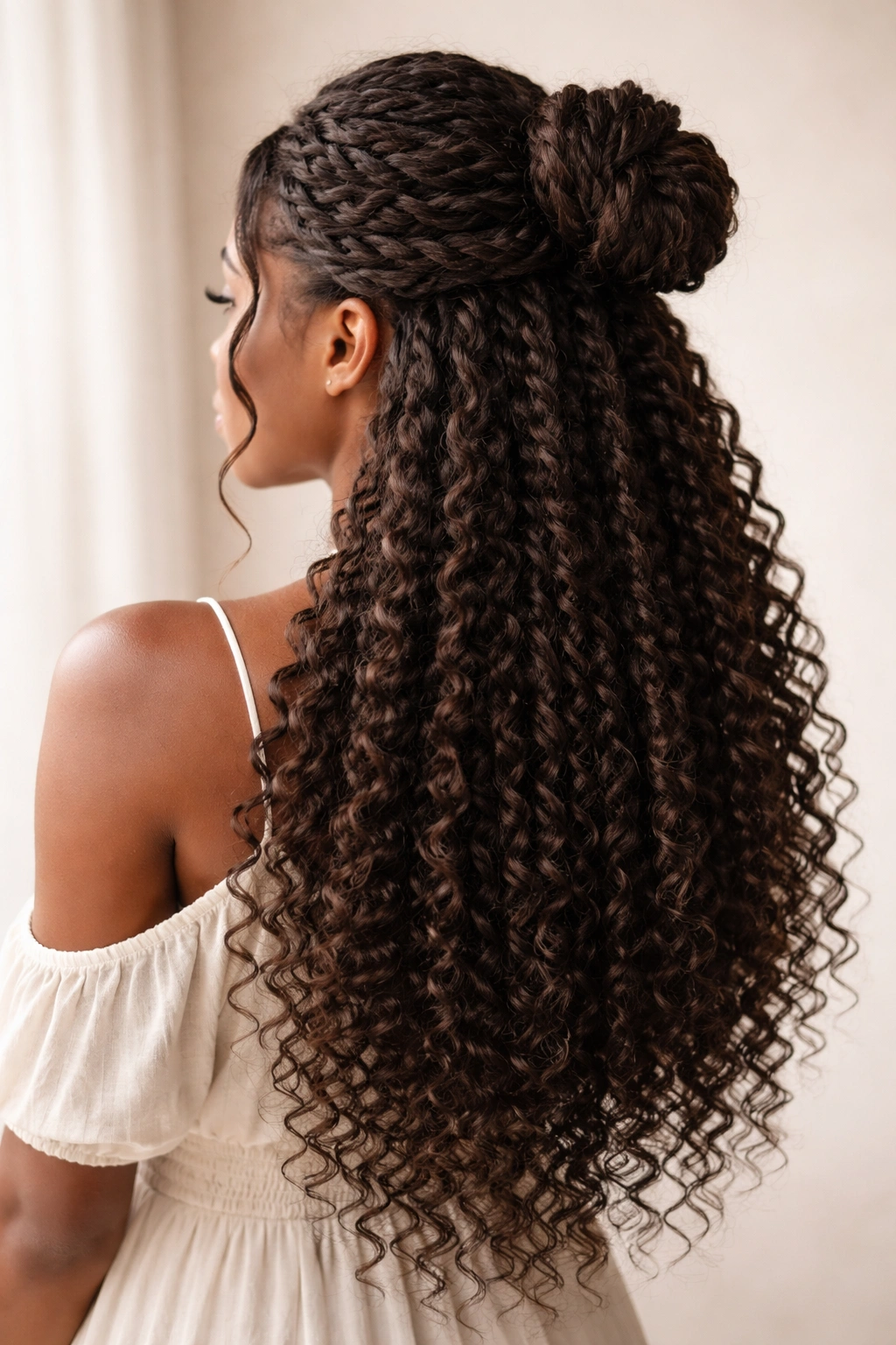 Twisted bun half-up with long crochet flow