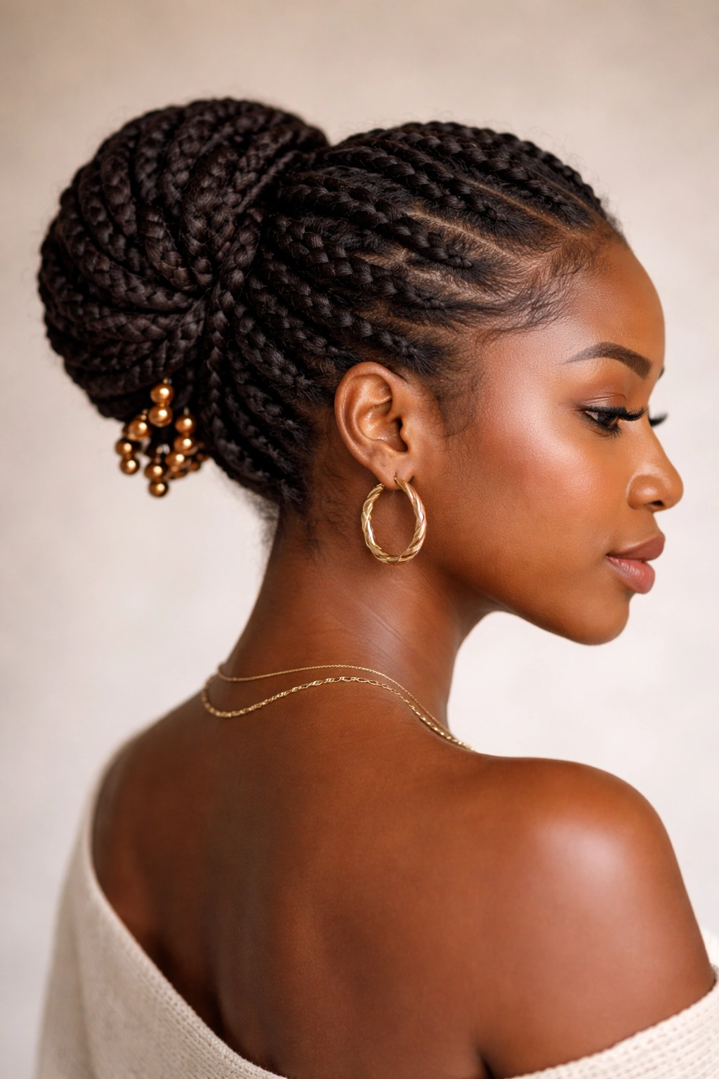 Two-strand twists formed into a textured bun at the back of the head