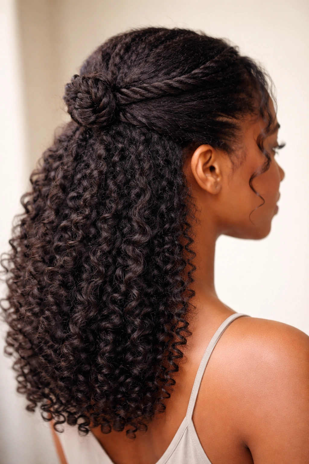 Close-up of a natural hair half-up twisted bun with two crown twists