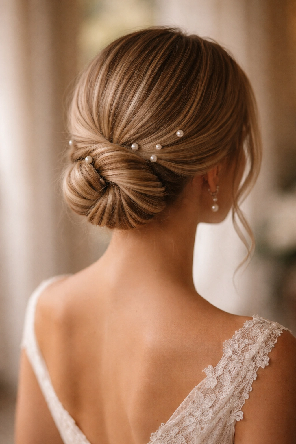 Low twisted bun with pearl pins on straight hair