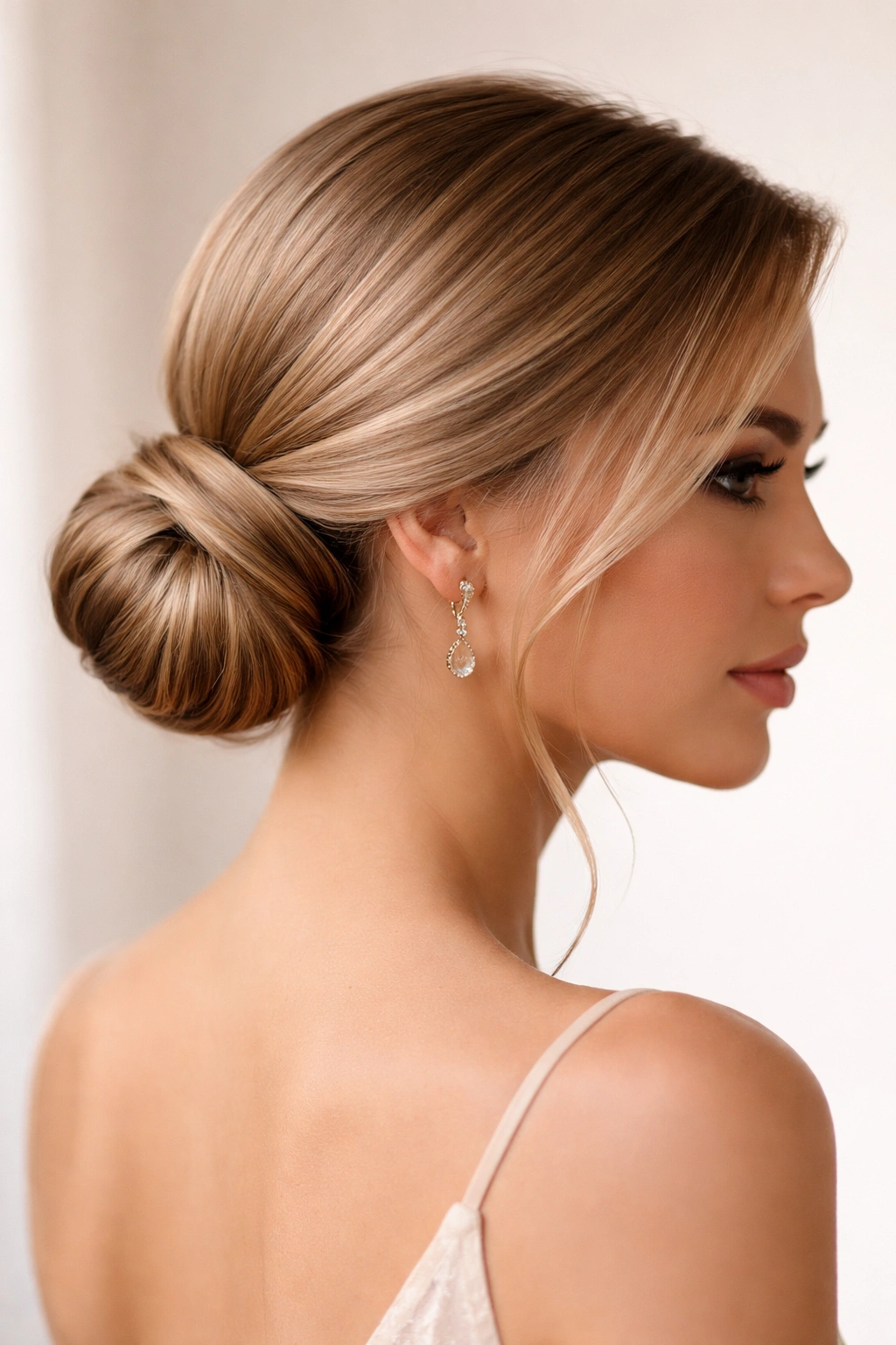 Side-parted straight hair twisted into a low bun on the opposite side