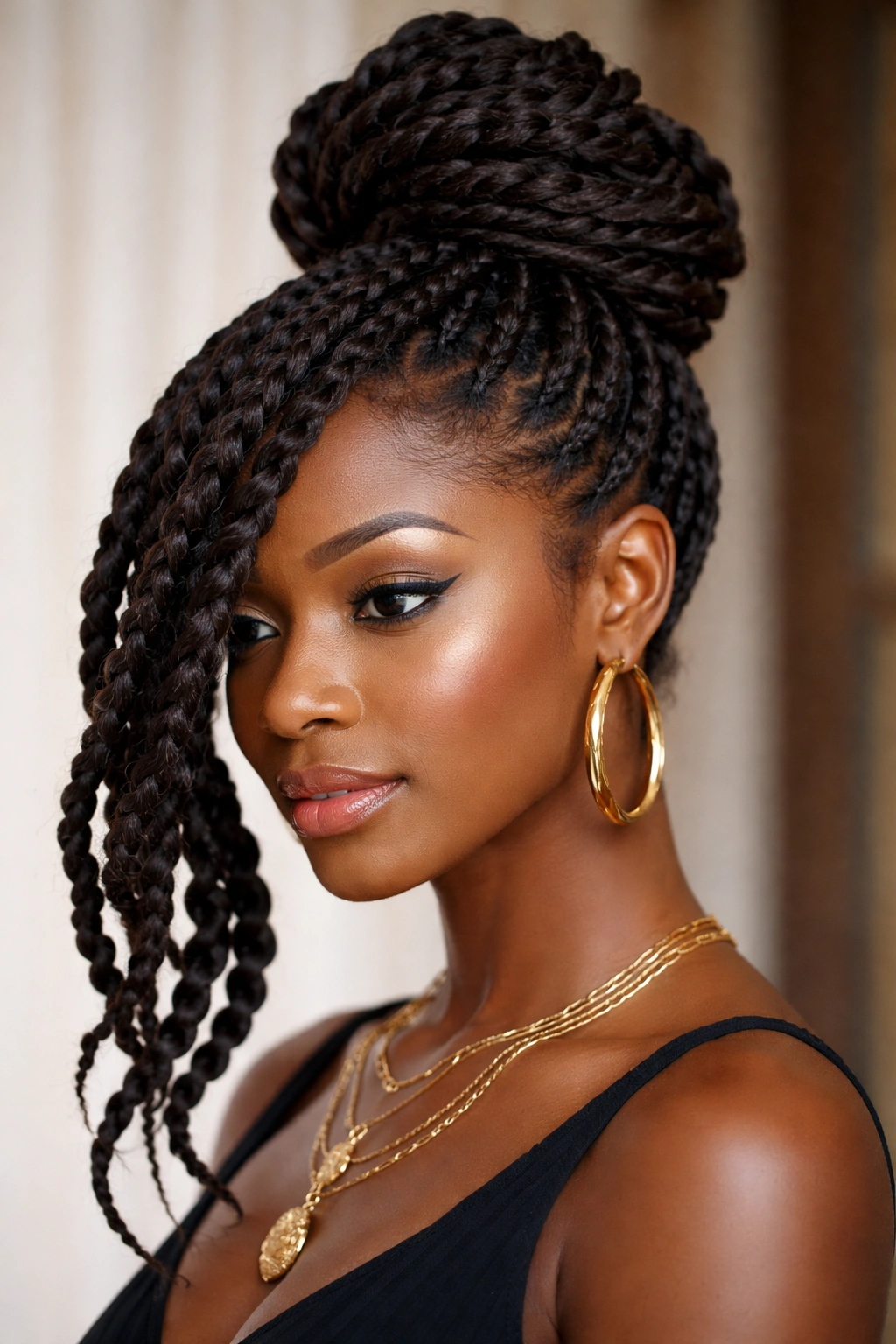 Twisted bun updo with side-swept twists on 4C hair