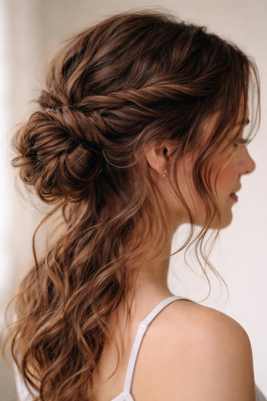 Close-up of twisted bun hairstyle with waves