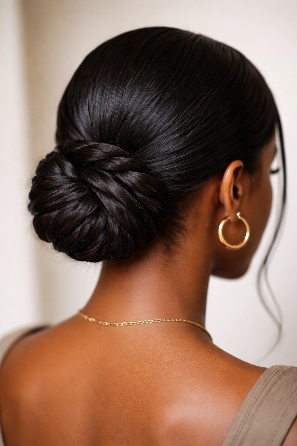Twisted low bun with wrap showing defined twists around the base