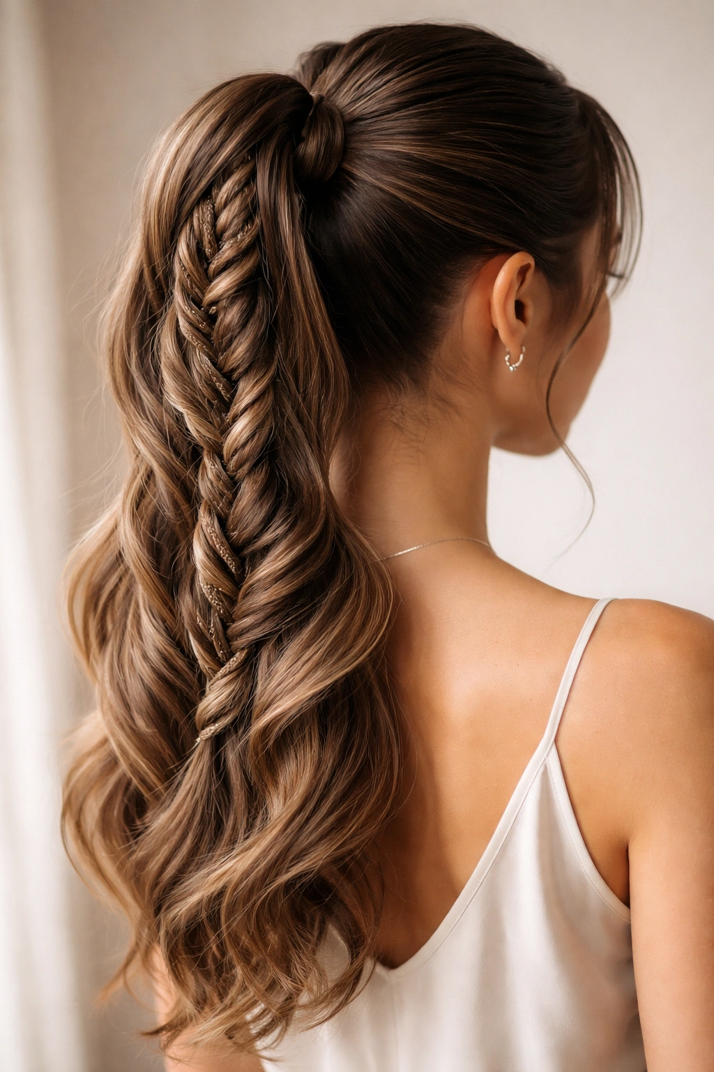 Close-up of a twisted butterfly braid ponytail with rope twists and textured detail