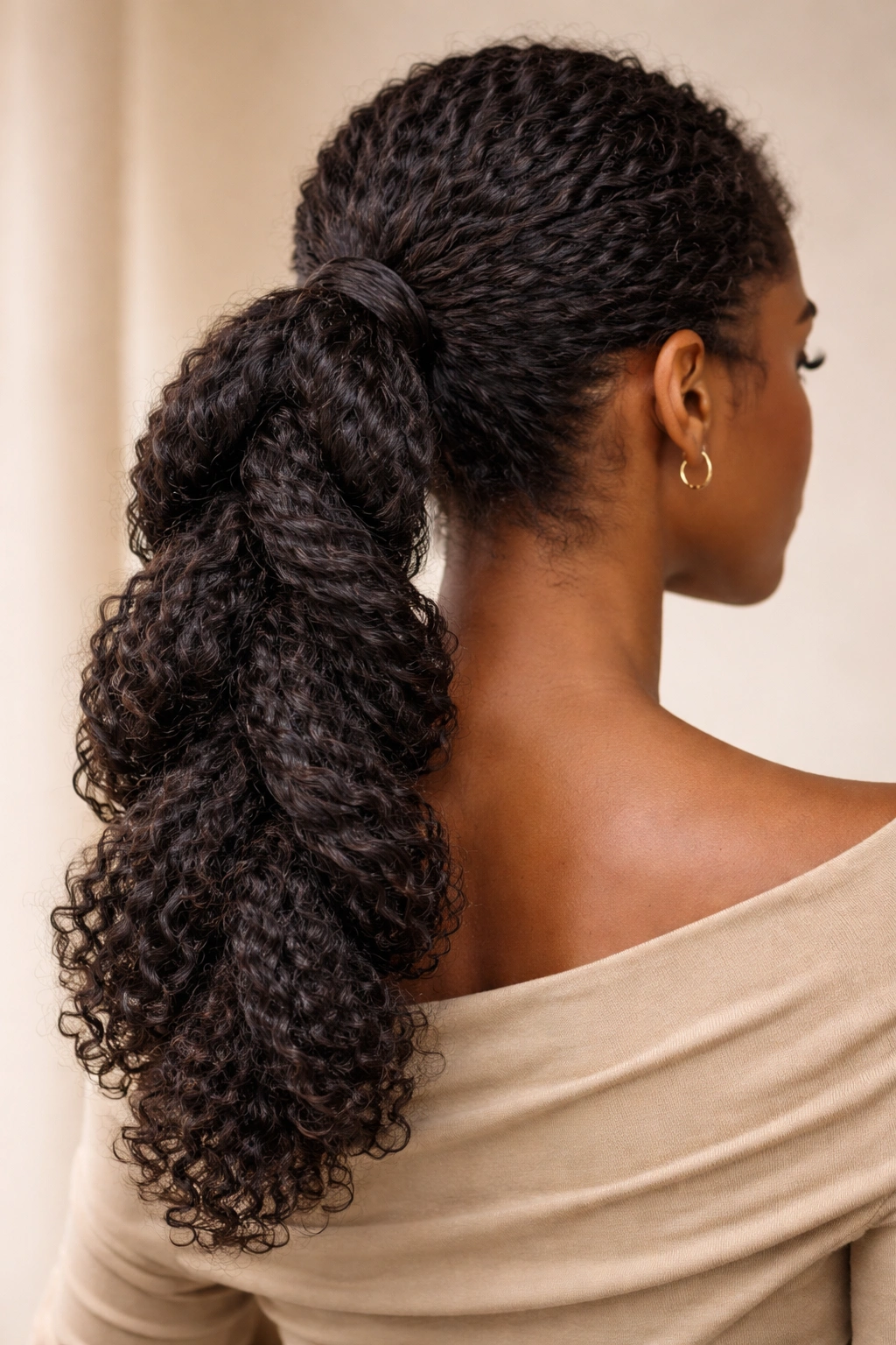 Twisted and coiled ponytail showing sculptural texture