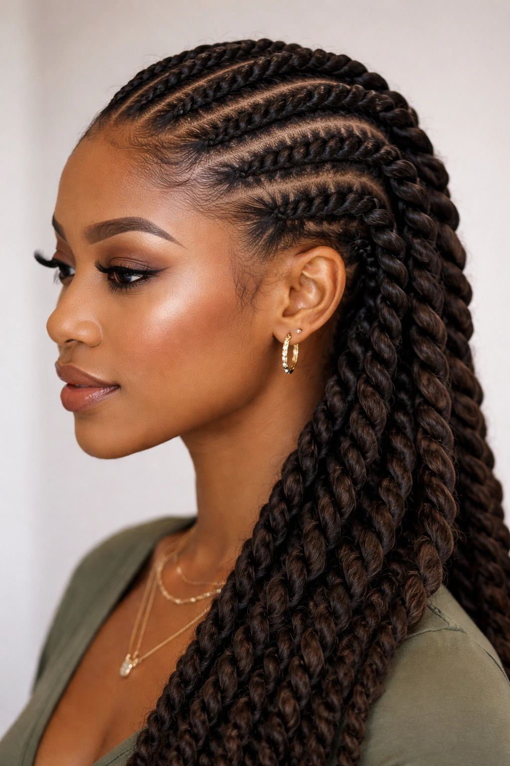 Head with mixed braided and twisted cornrow sections across the scalp