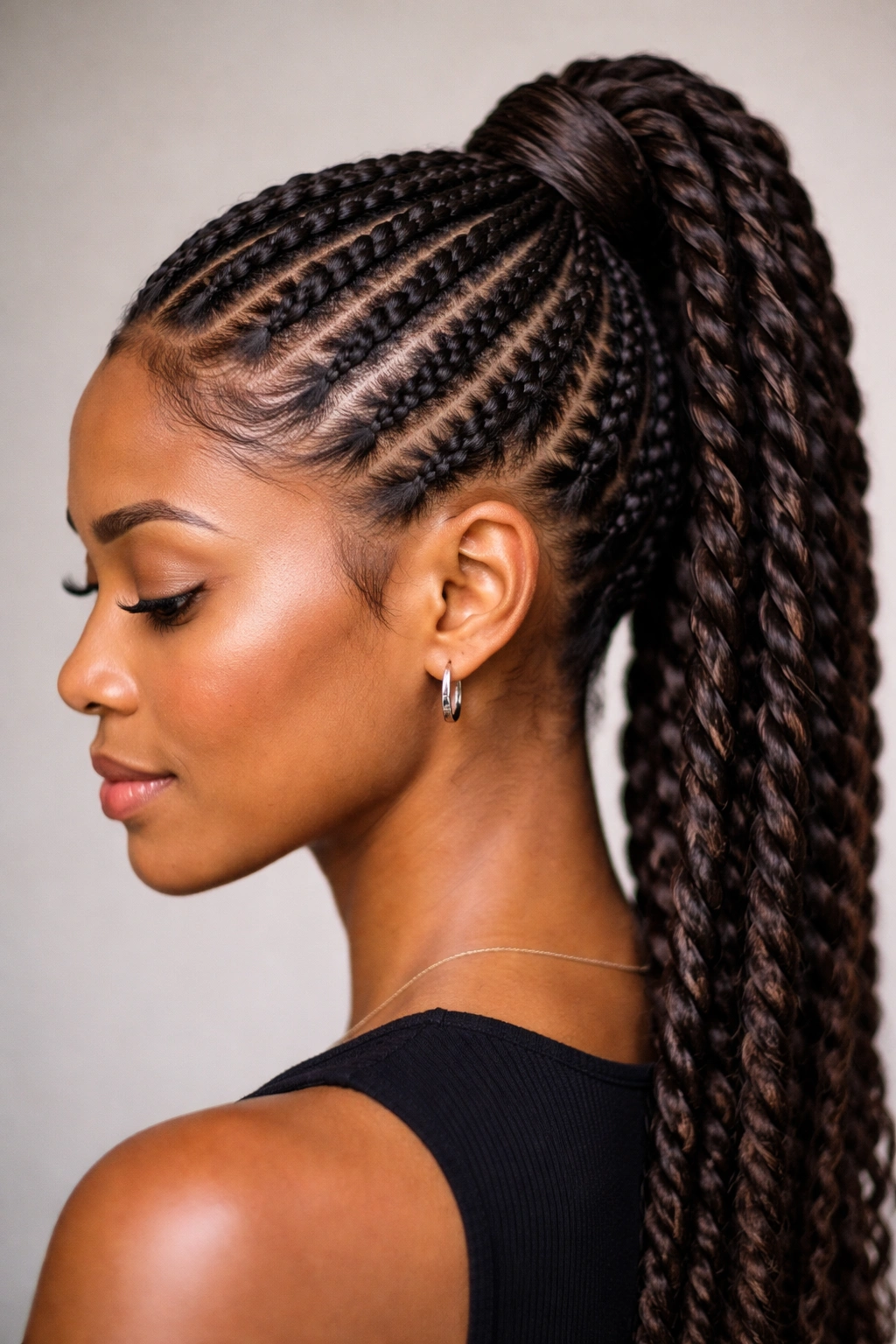 Close-up of a model with twisted cornrows and twists feeding into a high ponytail