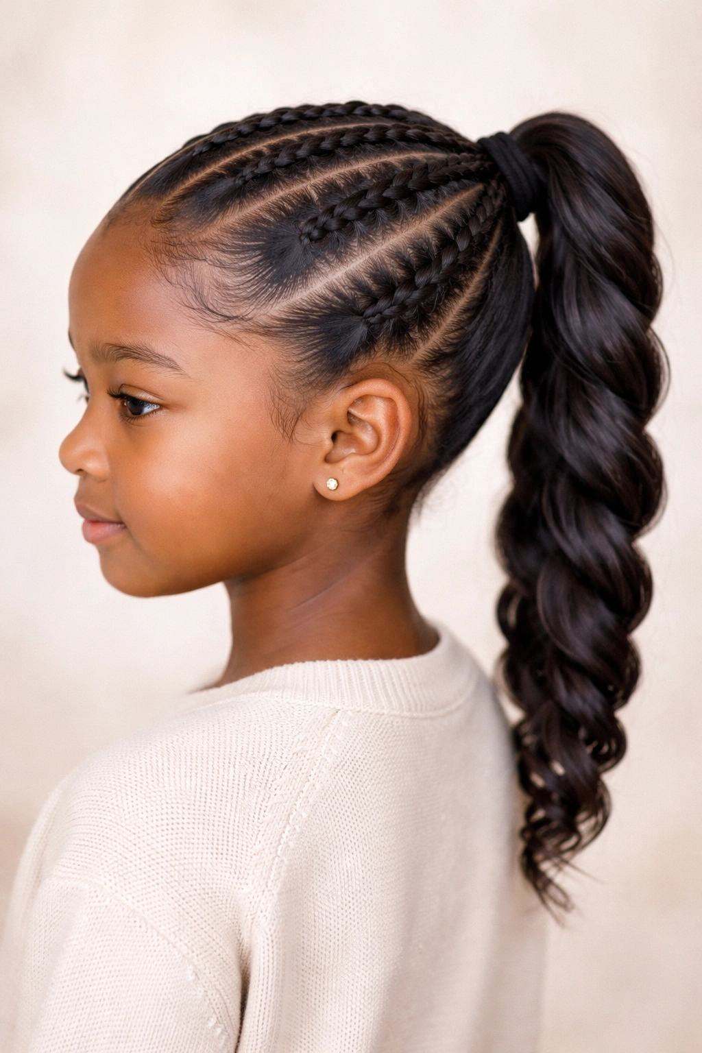 Close-up of a child’s head showing 2-4 twists flowing into a ponytail