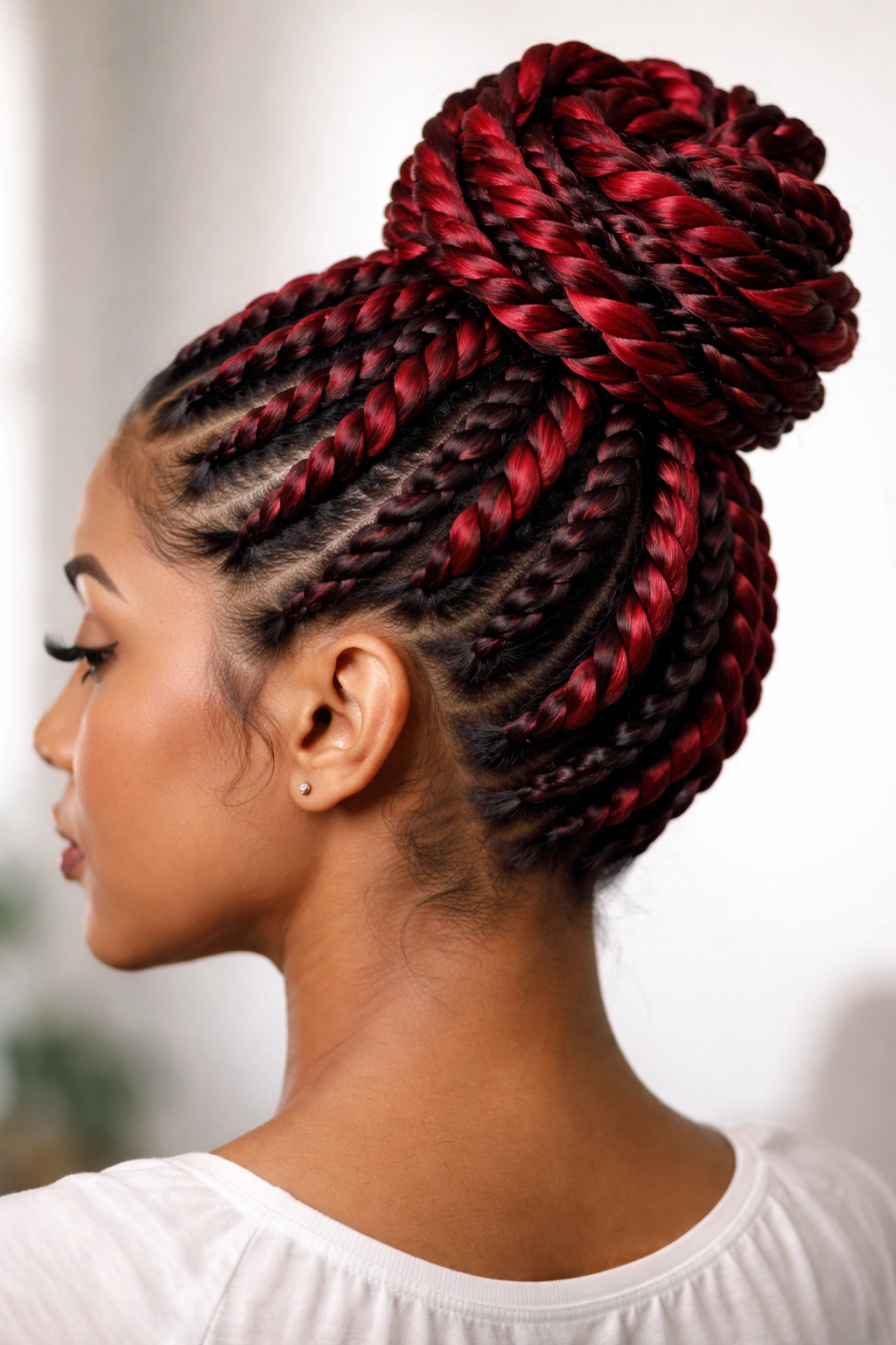 Close-up of a red twisted feed-in bun showing contrasting black underside on twists