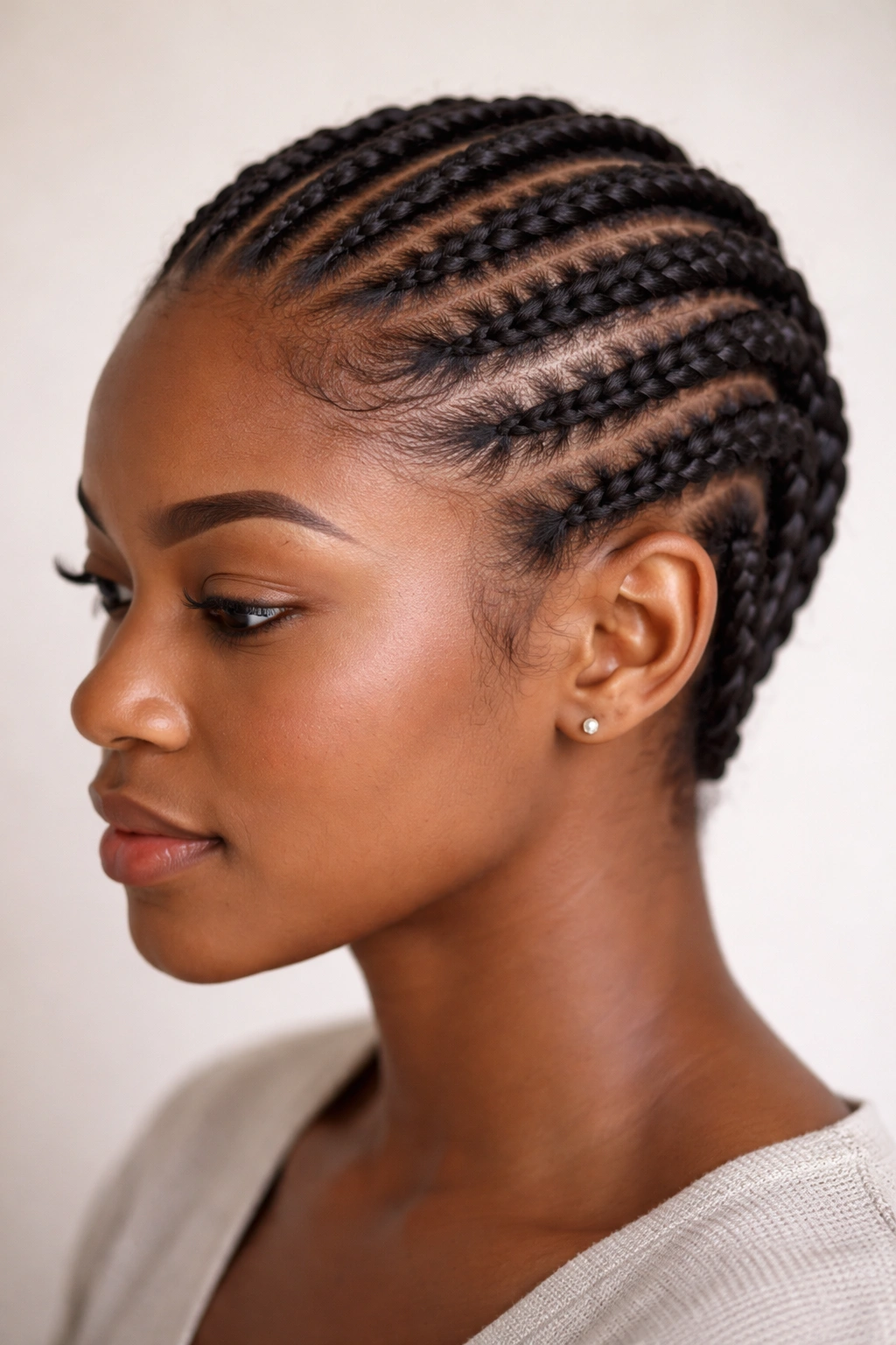 Close-up of two-strand twisted cornrows on short hair