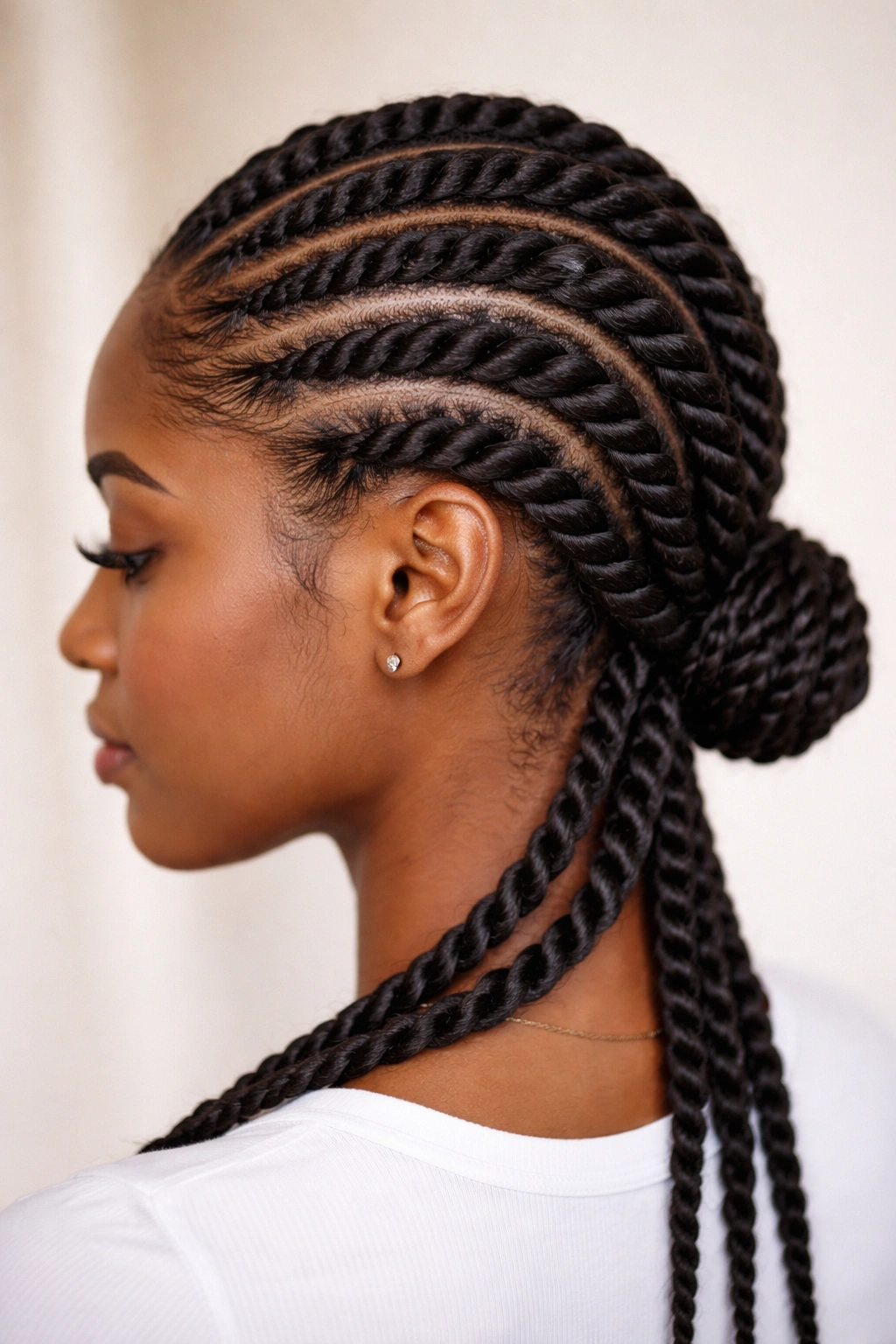 Close-up of two-strand twists forming textured cornrows