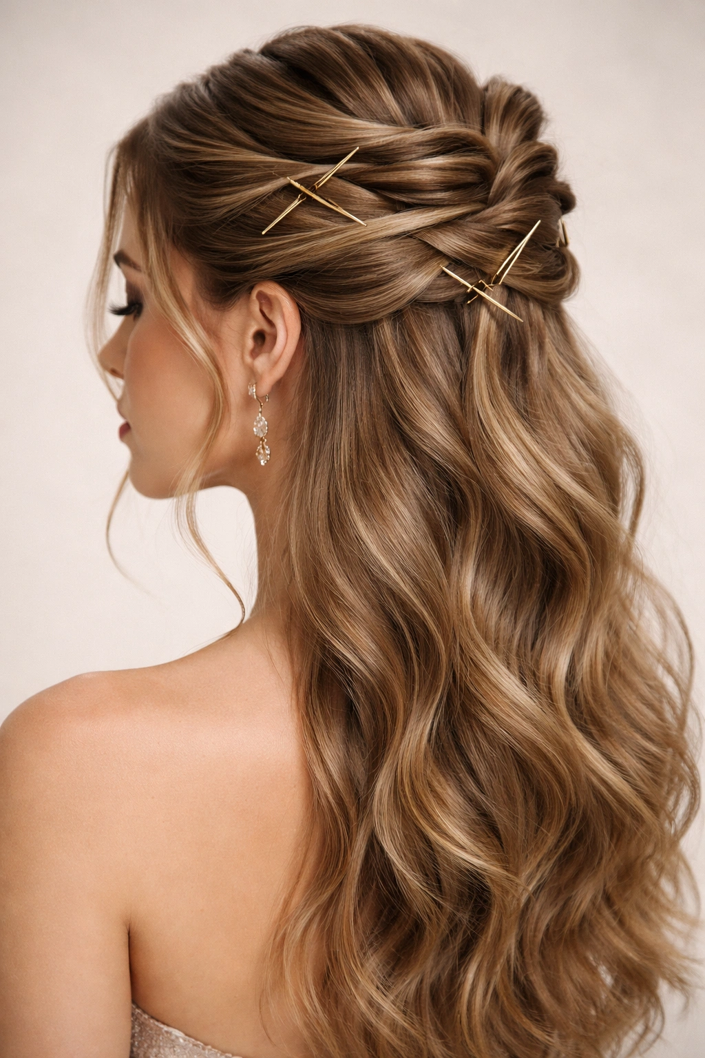 Close-up of sculptural twisted crown with architectural pins in formal hairstyle