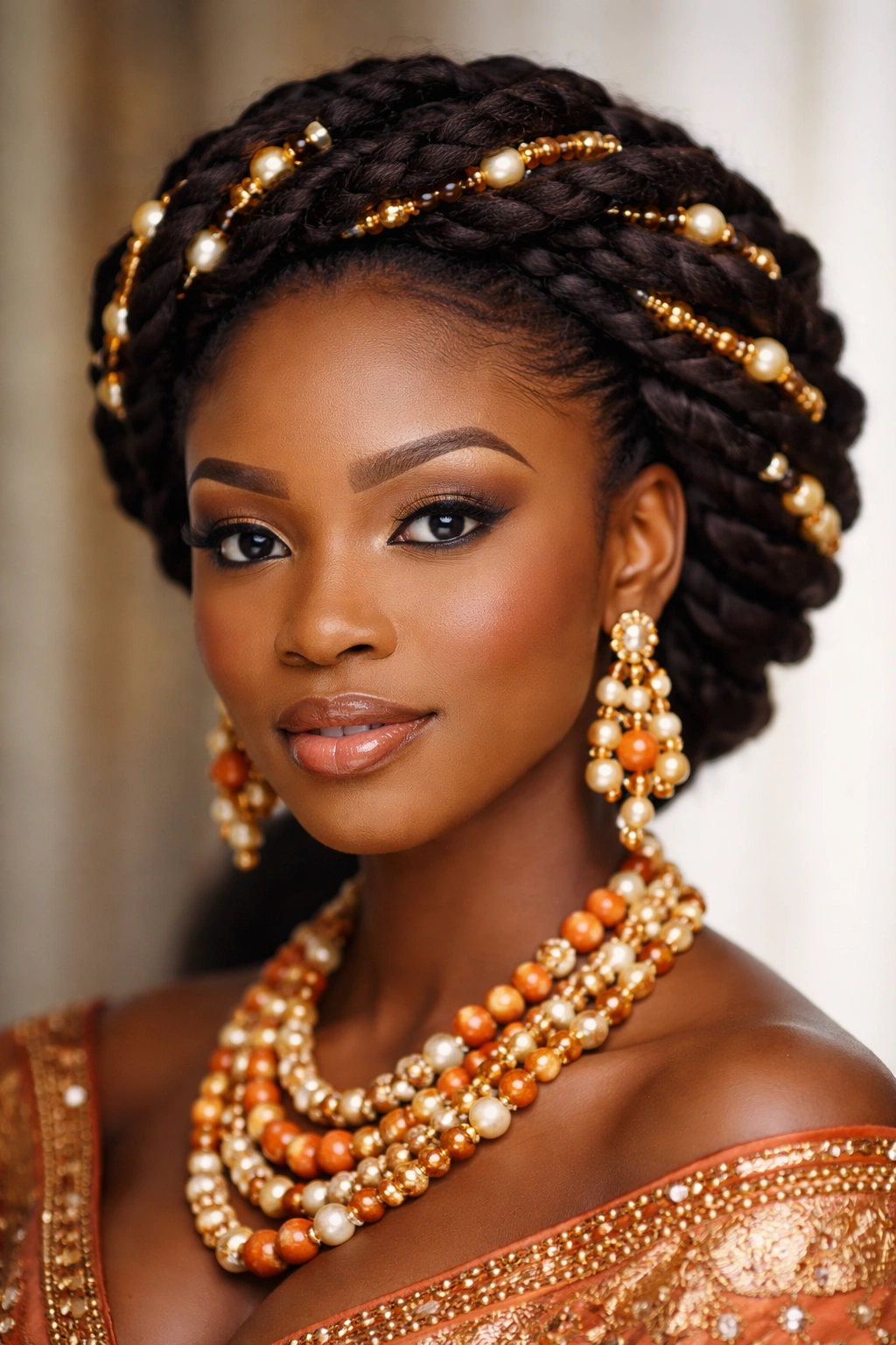 Twisted beaded crown formed from thick twists around the head