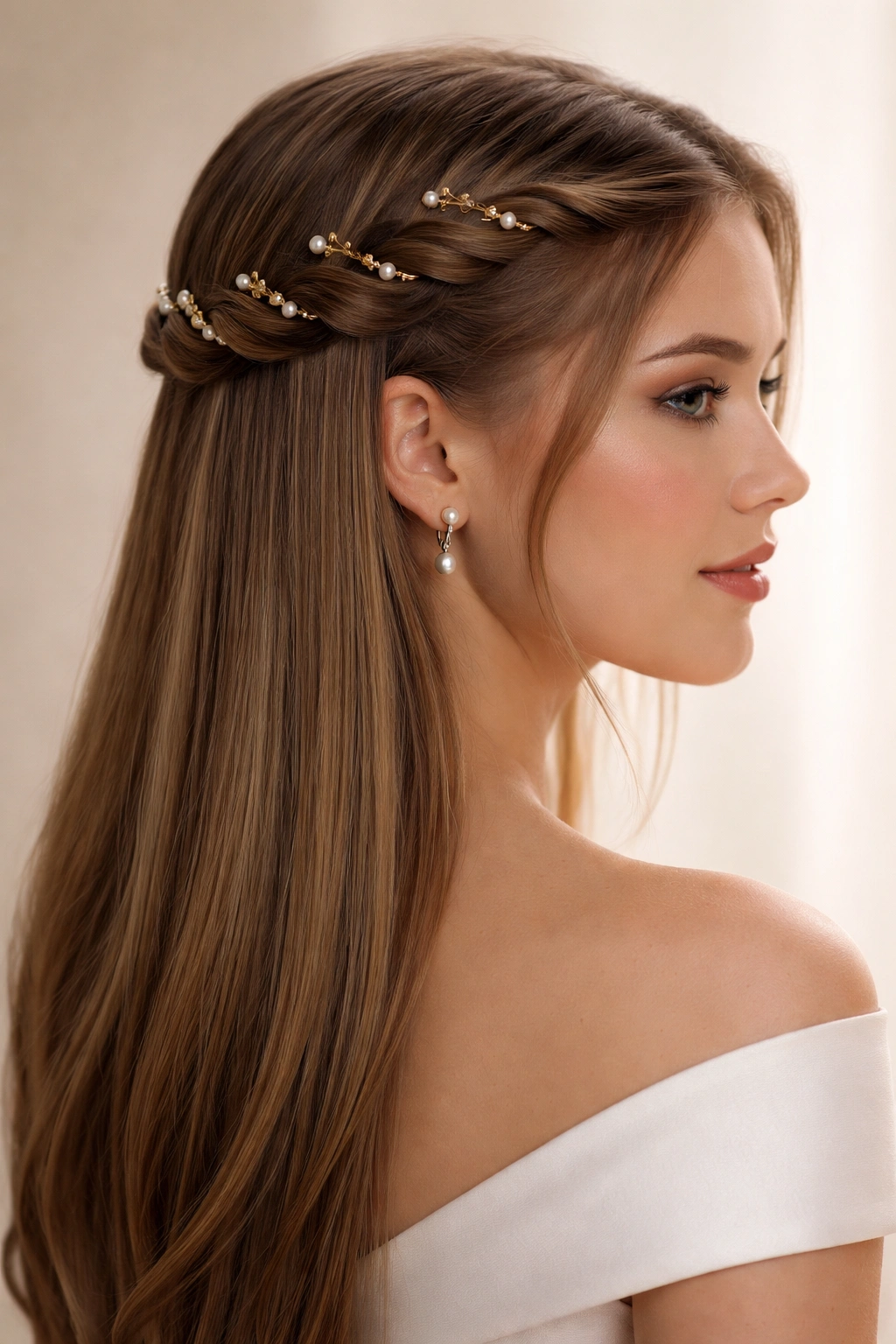 Twisted crown hairstyle with bob pins and straight hair