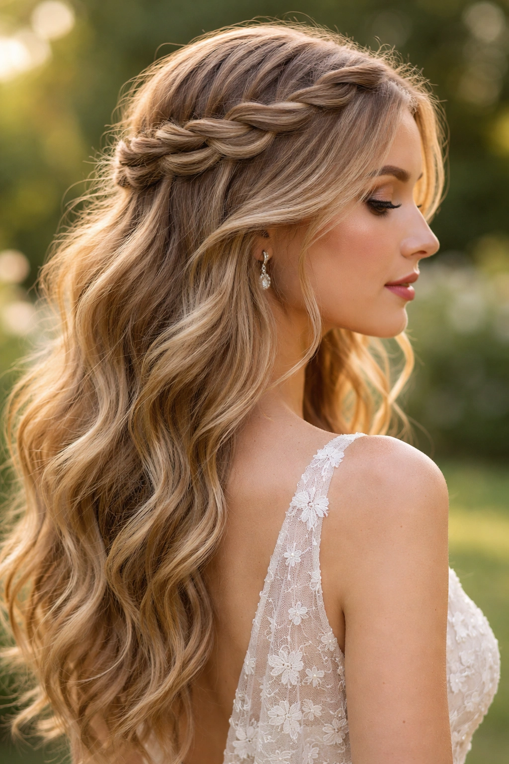 Twisted wavy crown resting on head with flowing hair for boho wedding look