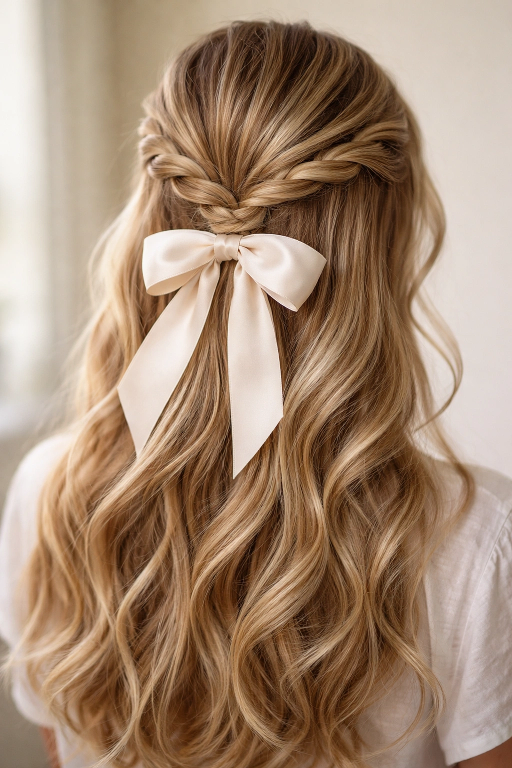 Twisted crown hairstyle with bow securing twists at the back