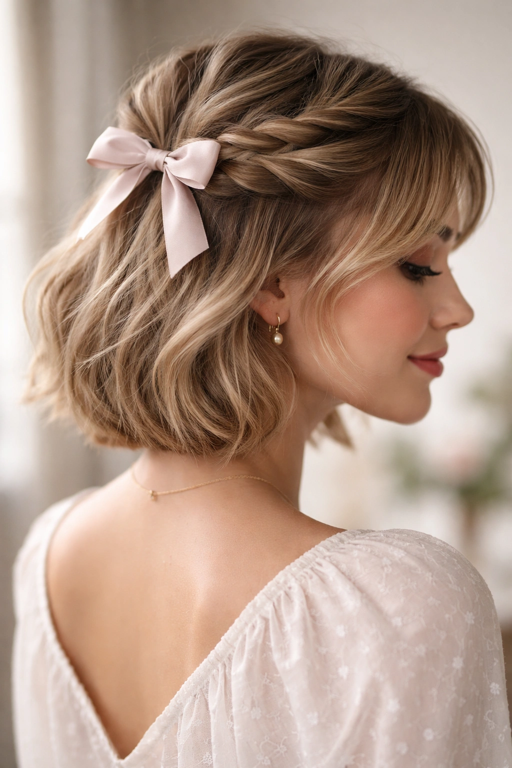Twisted crown half-up with delicate bow on short hair
